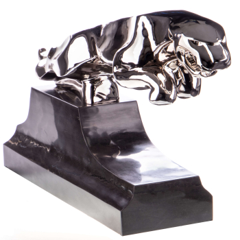 Art Deco massive Bronzefigur Springender Jaguar, verchromt - auf Marmorsockel