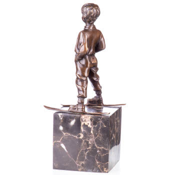Art Deco Bronzefigur Junge mit Ski "The Boy Skier" auf Marmorsockel